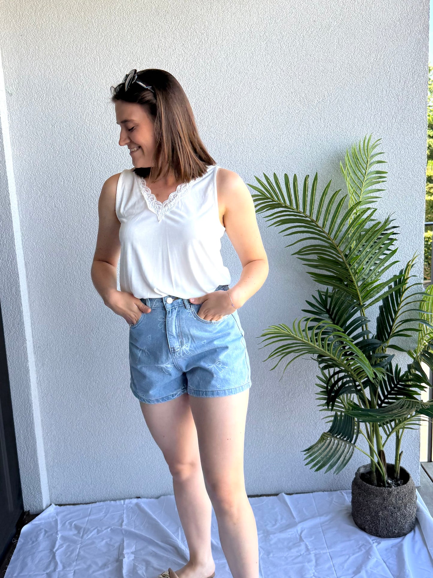 Only V-Neck Lace Top White