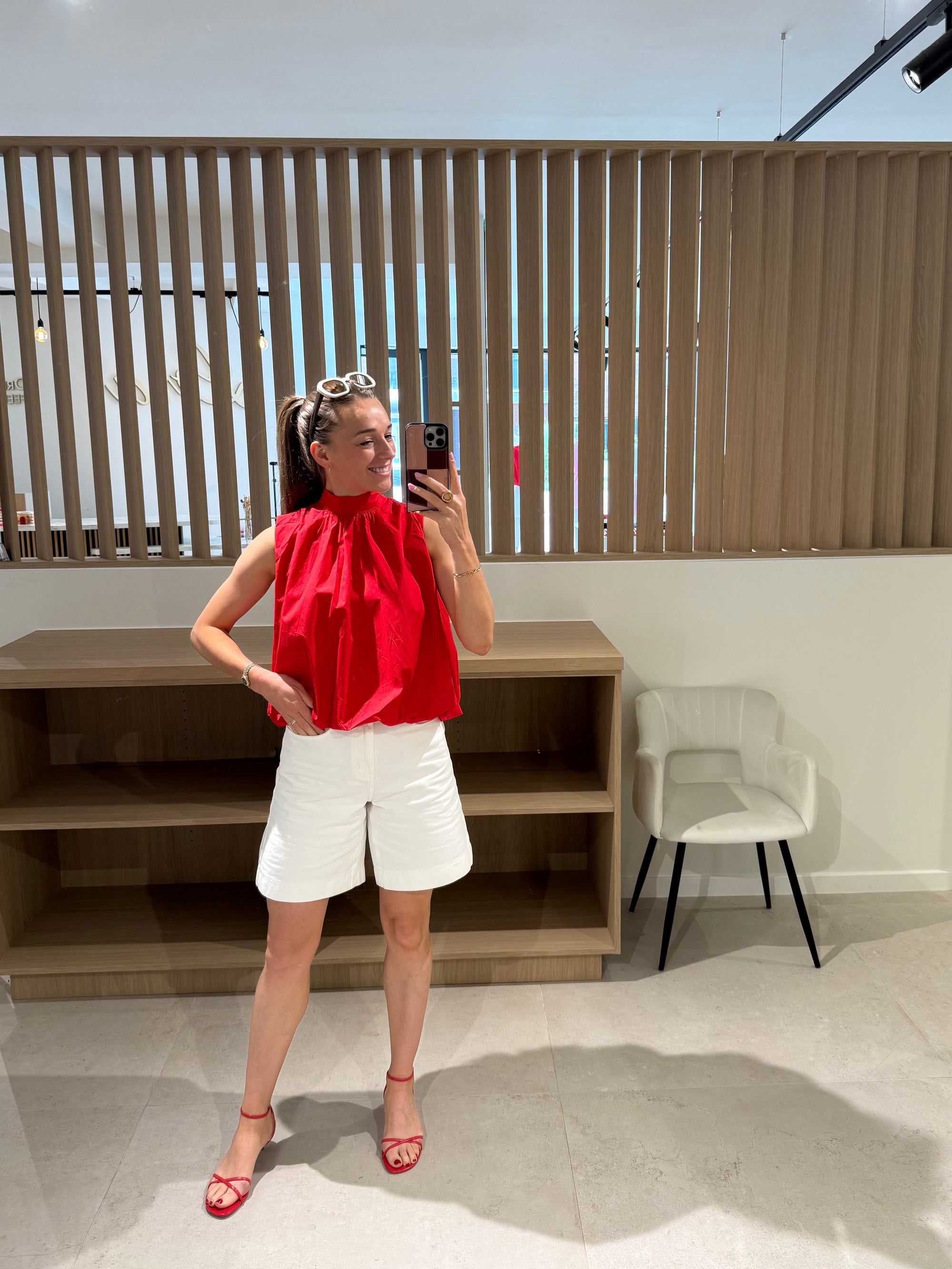 Open back red top