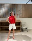Open back red top